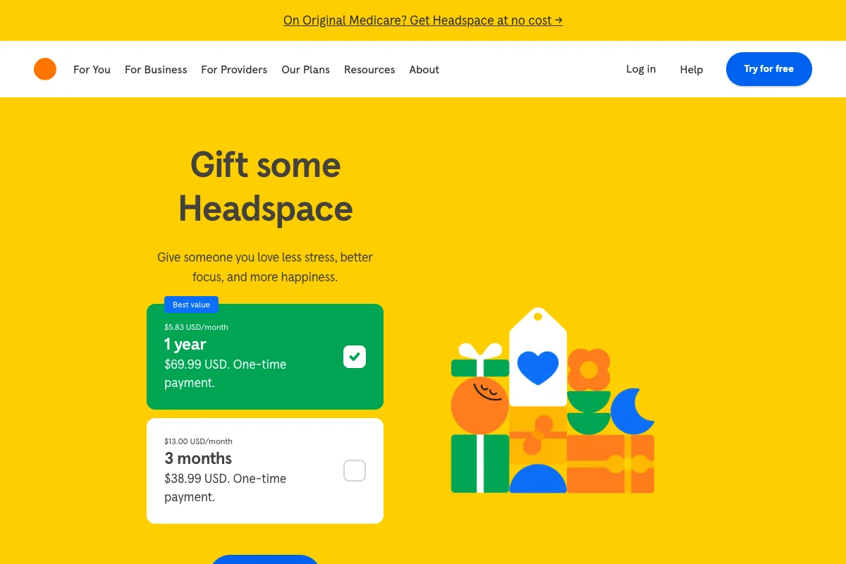 Headspace’s gift subscription for meditation and sleep content.