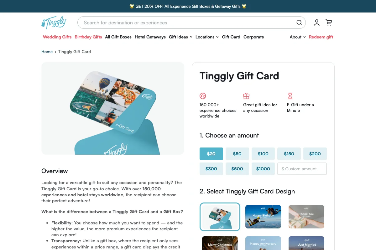 Tinggly’s digital experience gift card and adventure choices.