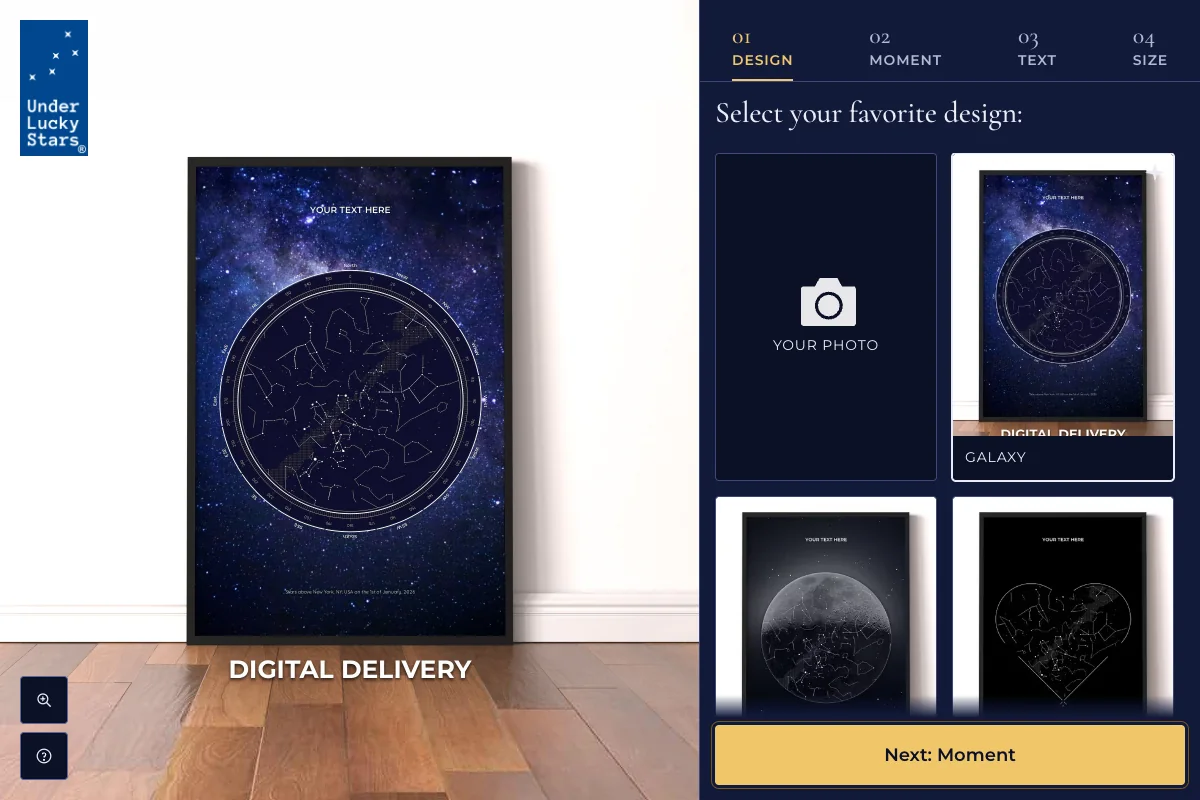 Under Lucky Stars’ personalized digital star-map designer.
