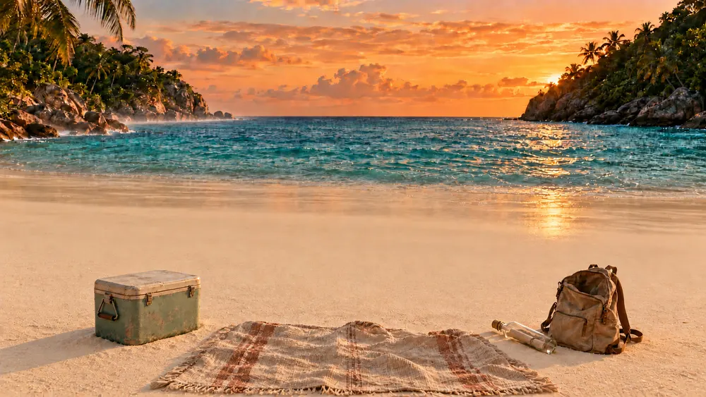 A quiet sunlit cove with keepsakes beside the sea.