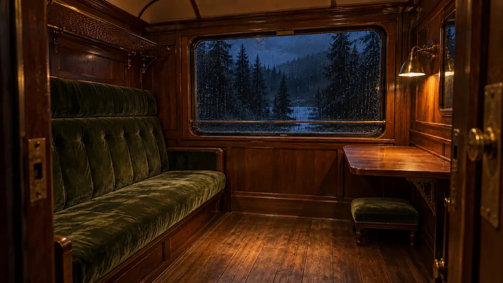 A warm train compartment looking out onto a rainy night.